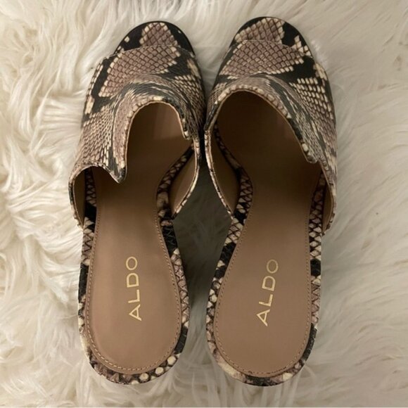 Aldo Snake Print Leather Slip on Block High Heel Sandal Shoe Mules Size 8 bin 3L - Picture 4 of 7